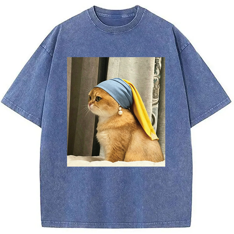 Modecanvas Cat with Pearl Earring Meme DTG Printing Washed T-Shirt
