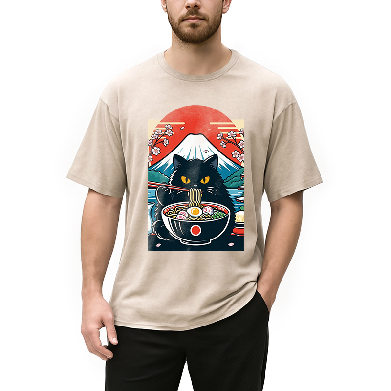 Modecanvas Black Cat Having Ramen Mount Fuji DTG Printing Washed T-Shirt