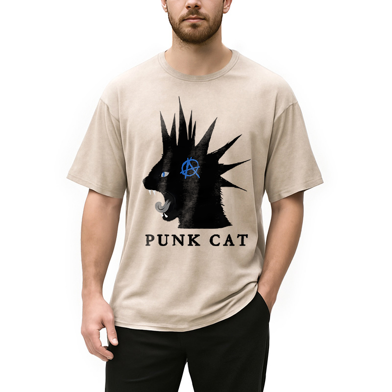 Modecanvas Punk Cat Funny Washed T-Shirt