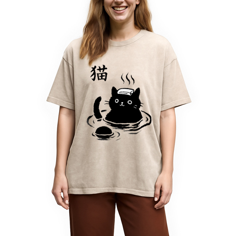Modecanvas Cat Bathing In Hot Spring Washed T-Shirt