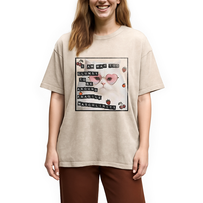 Modecanvas Funny Cat Fragile Masculinity DTG Printing Washed T-Shirt