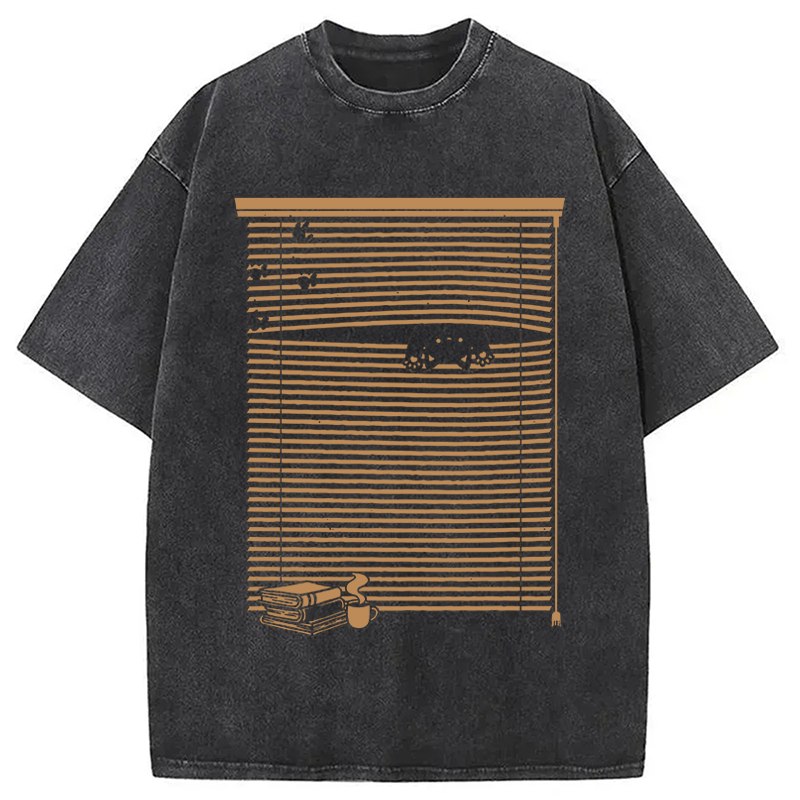 Modecanvas Spying Black Cat DTG Printing Washed T-Shirt
