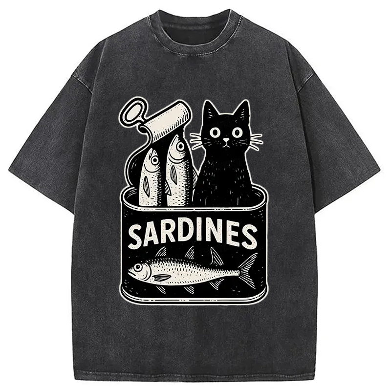 Modecanvas Cat And Canned Fish Washed T-Shirt
