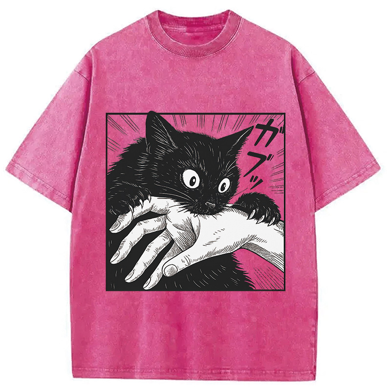 Modecanvas Vintage Black Cat Bite Washed T-Shirt