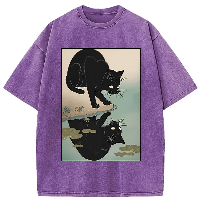 Modecanvas Cat Drinking River Water Washed T-Shirt