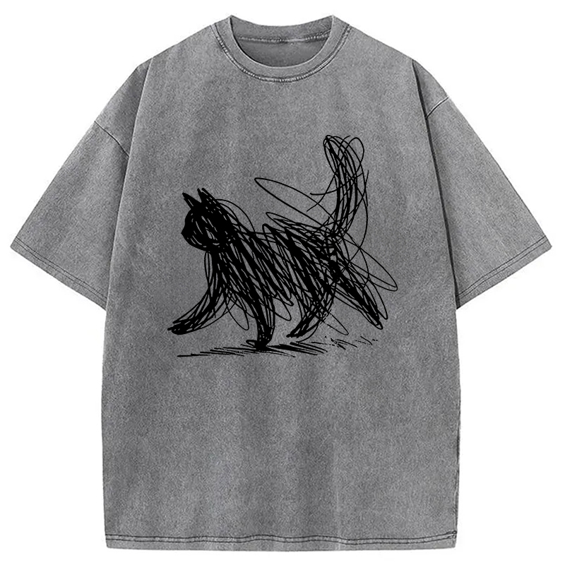 Modecanvas Minimalist Cat Art Washed T-Shirt-modecanvas