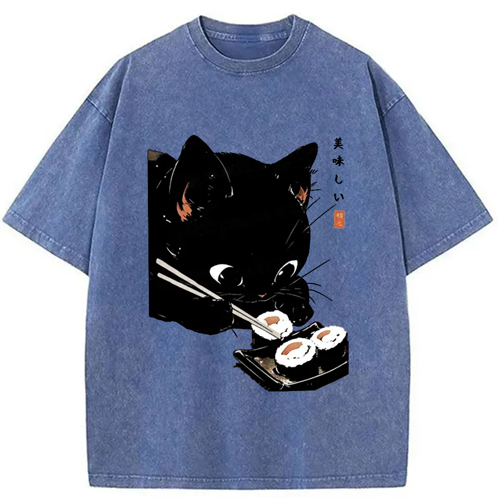 Modecanvas Cat Eating Rice Balls Washed T-Shirt