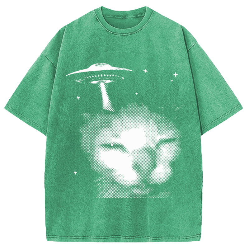 Modecanvas Alien Cat Meme UFO Vintage DTG Printing Washed T-Shirt