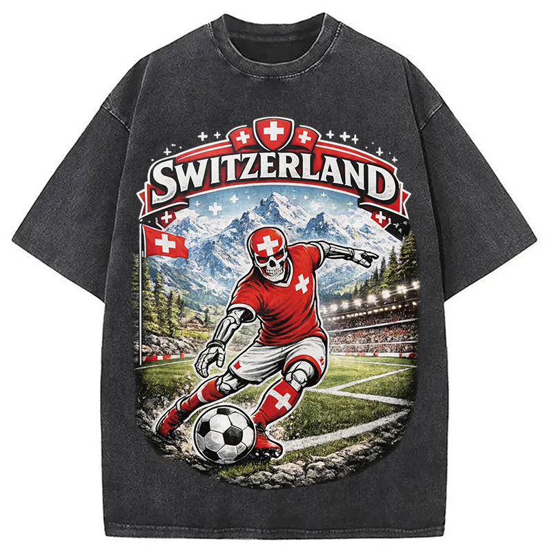 Modecanvas Switzerland Soccer Skull DTG Printing Washed T-Shirt