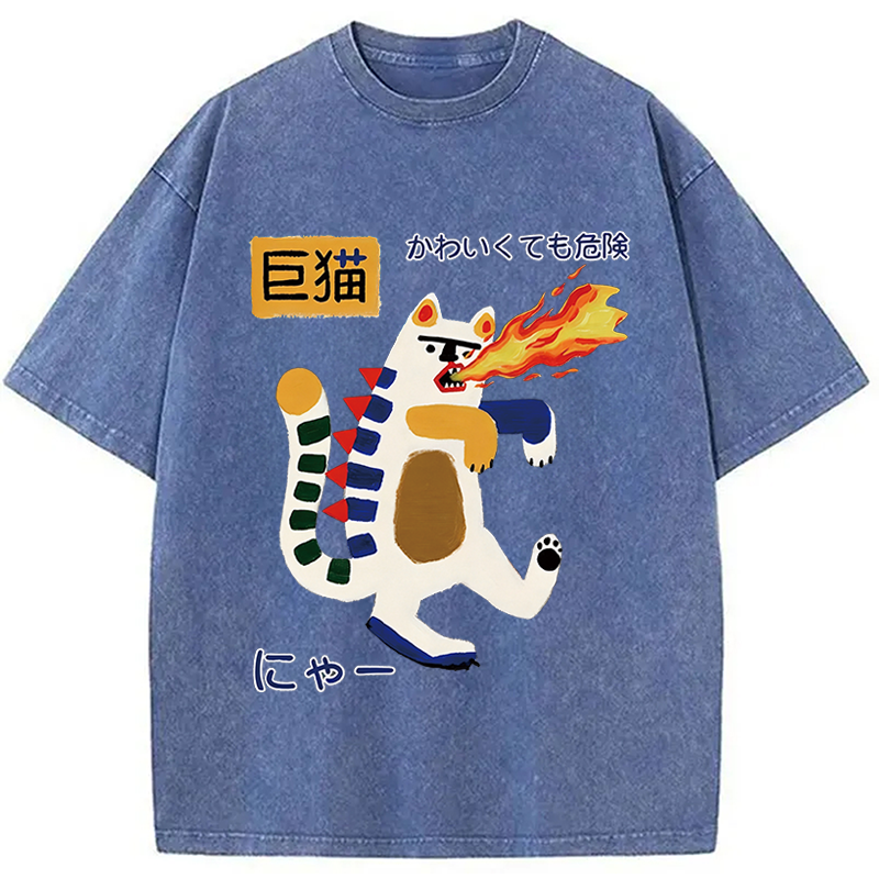 Modecanvas Fire-breathing Giant Cat DTG Printing Washed T-Shirt