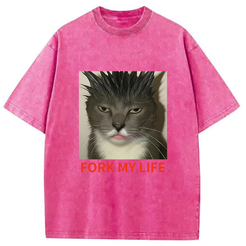 Modecanvas Gray Cat Fork My Life Washed T-Shirt