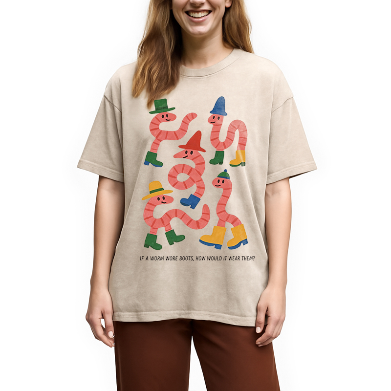 Modecanvas Whimsical Worms In Boots DTG Printing Washed T-Shirt