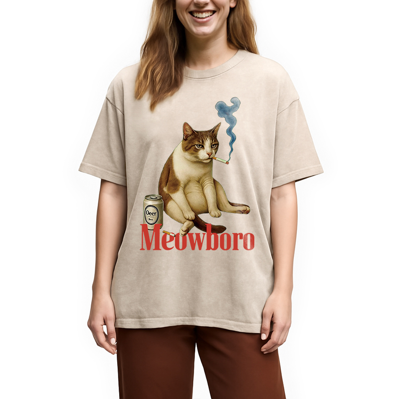 Modecanvas Cigarette Kitten Smoking Cat Meme Washed T-Shirt