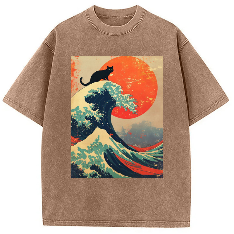Modecanvas Black Cat On Great Wave Washed T-Shirt