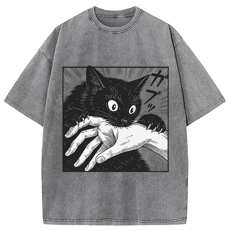 Modecanvas Vintage Black Cat Bite Washed T-Shirt