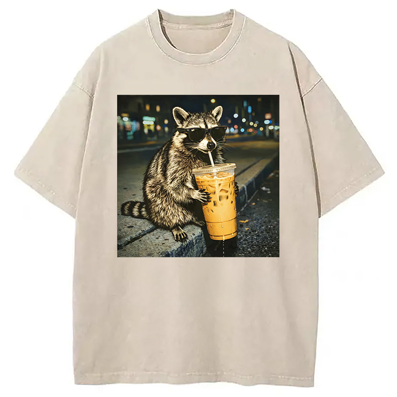 Modecanvas Racoon with a Ice Coffee Washed T-Shirt-modecanvas