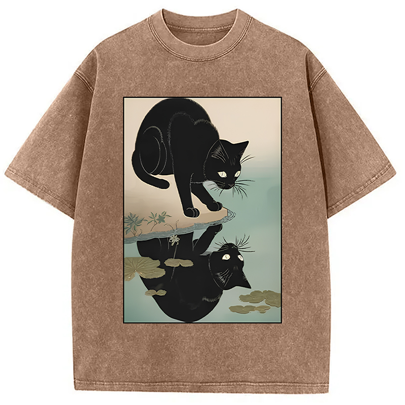 Modecanvas Cat Drinking River Water Washed T-Shirt