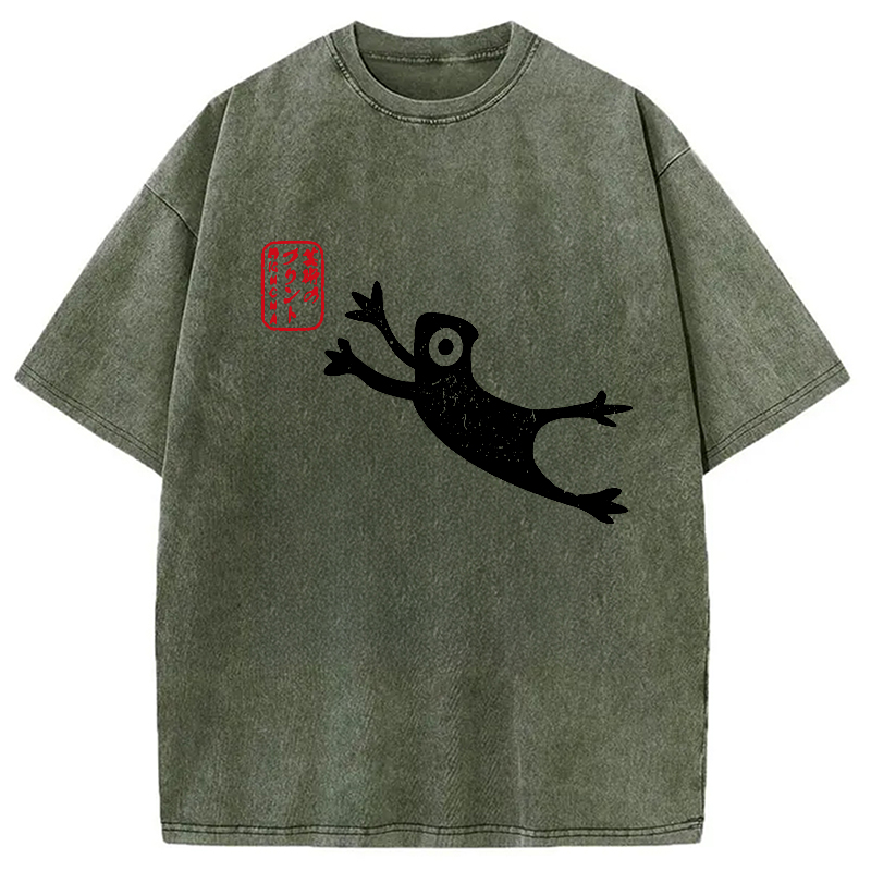 Modecanvas Funny Grumpy Japanese Frog Washed T-Shirt