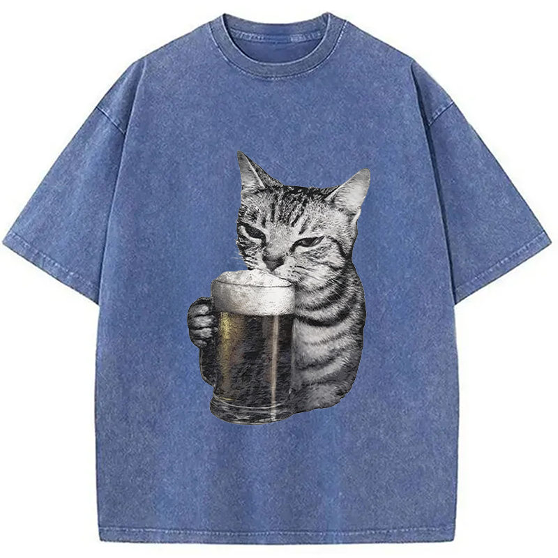 Modecanvas Cheers With The Cat Washed T-Shirt-modecanvas