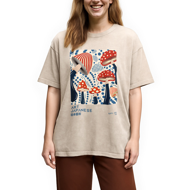 Modecanvas Japanese Art Dancing Mushroom Washed T-Shirt
