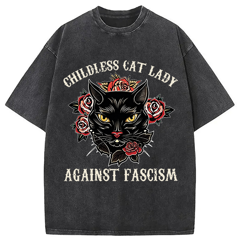 Modecanvas Childless Cat Lady Against Fascism Funny Cat Meme DTG Printing Washed T-Shirt