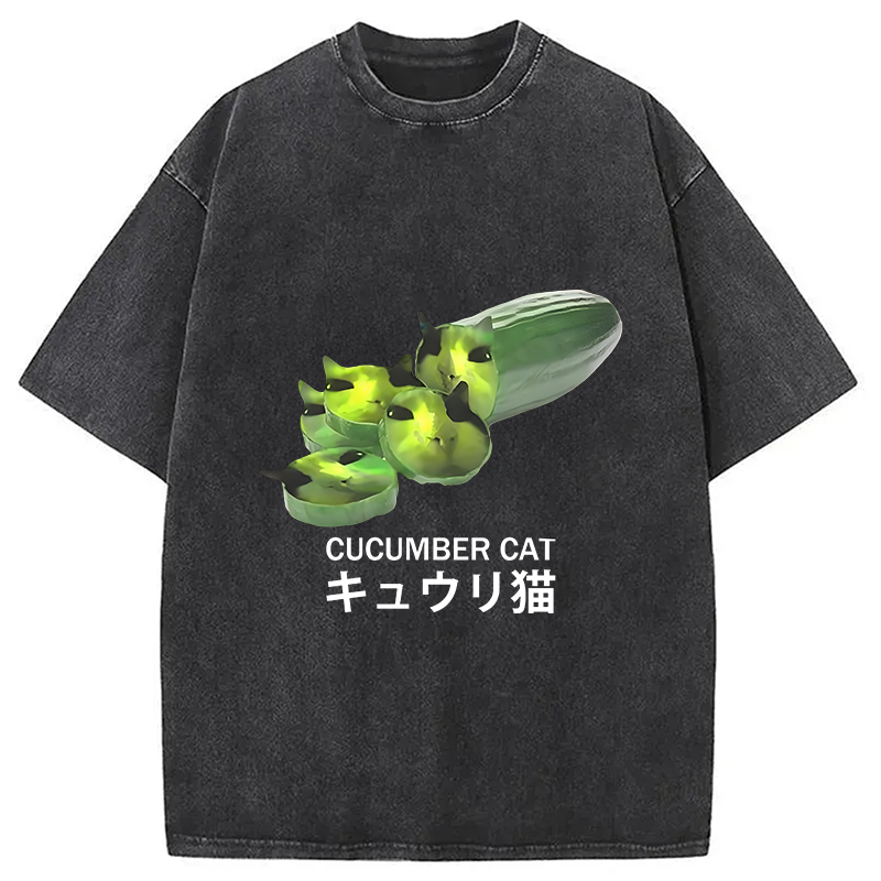 Modecanvas Funny Cucumber Cat Meme Washed T-Shirt