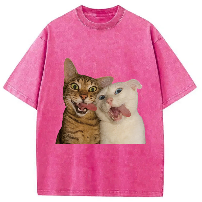 Modecanvas Funny Cat Tongue Out DTG Printing Washed T-Shirt