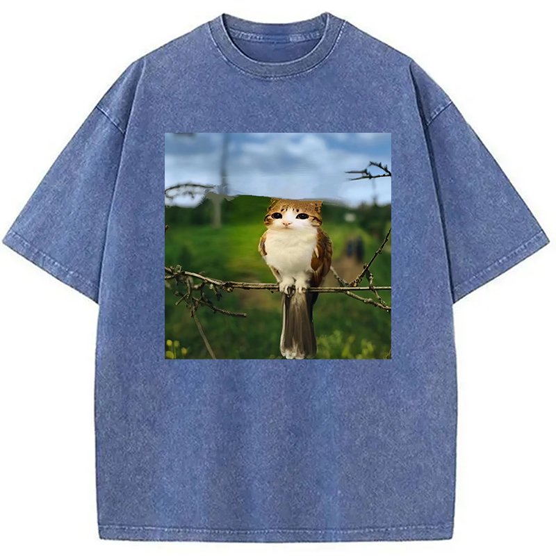 Modecanvas Funny Cat Owl Meme DTG Printing Washed T-Shirt