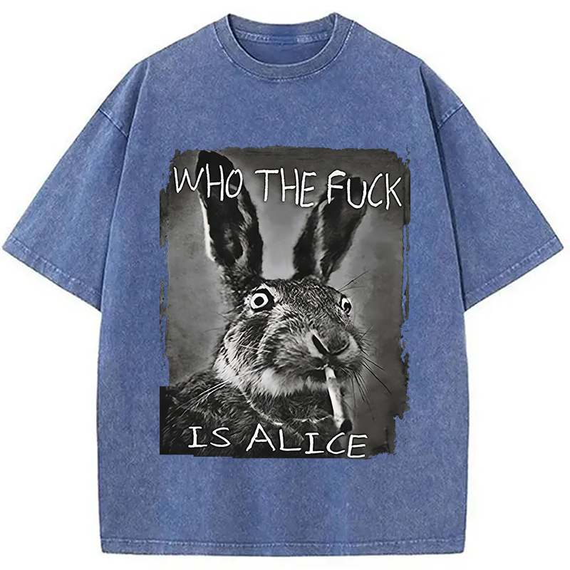 Modecanvas Who The F*ck Is Alice Rabbit Funny DTG Printing Washed T-Shirt-modecanvas