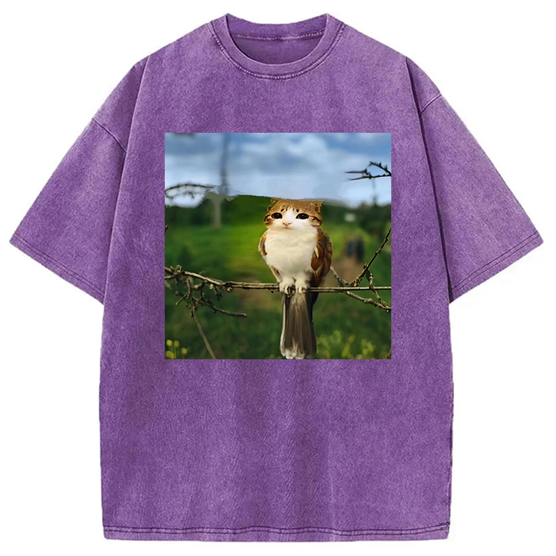 Modecanvas Funny Cat Owl Meme DTG Printing Washed T-Shirt