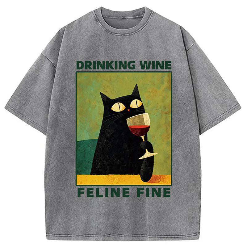 Modecanvas Drinking Wine Feline Wine DTG Printing Washed T-Shirt