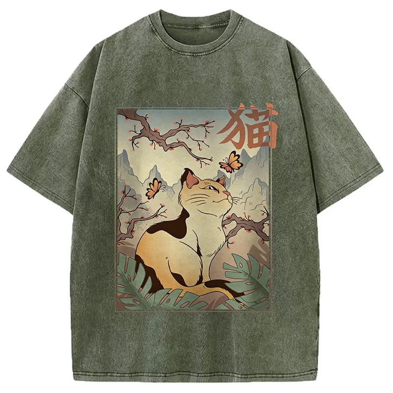 Modecanvas Kawaii Cat DTG Printing Washed T-Shirt-modecanvas