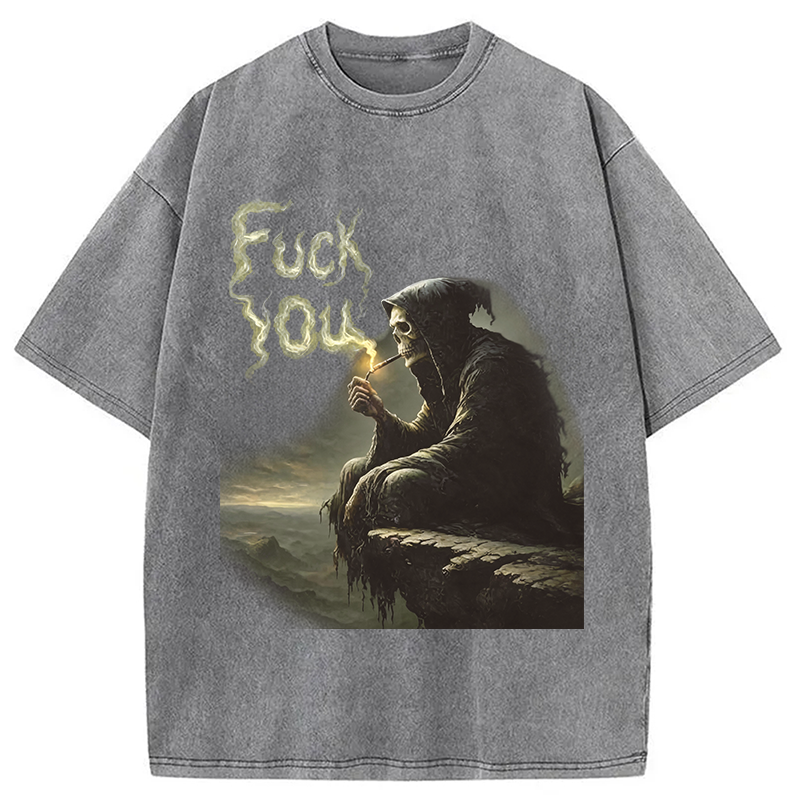 Modecanvas Grim Reaper Fu*k You DTG Printing Washed T-Shirt-modecanvas