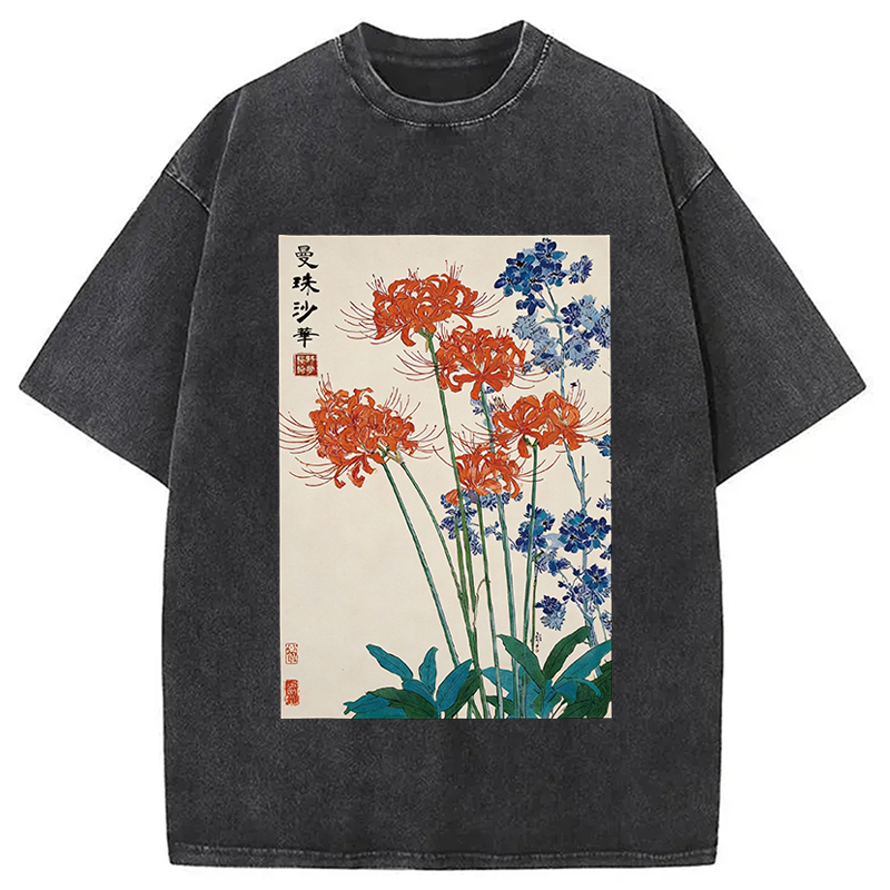Modecanvas Red Spider Lily Bloom DTG Printing Washed T-Shirt