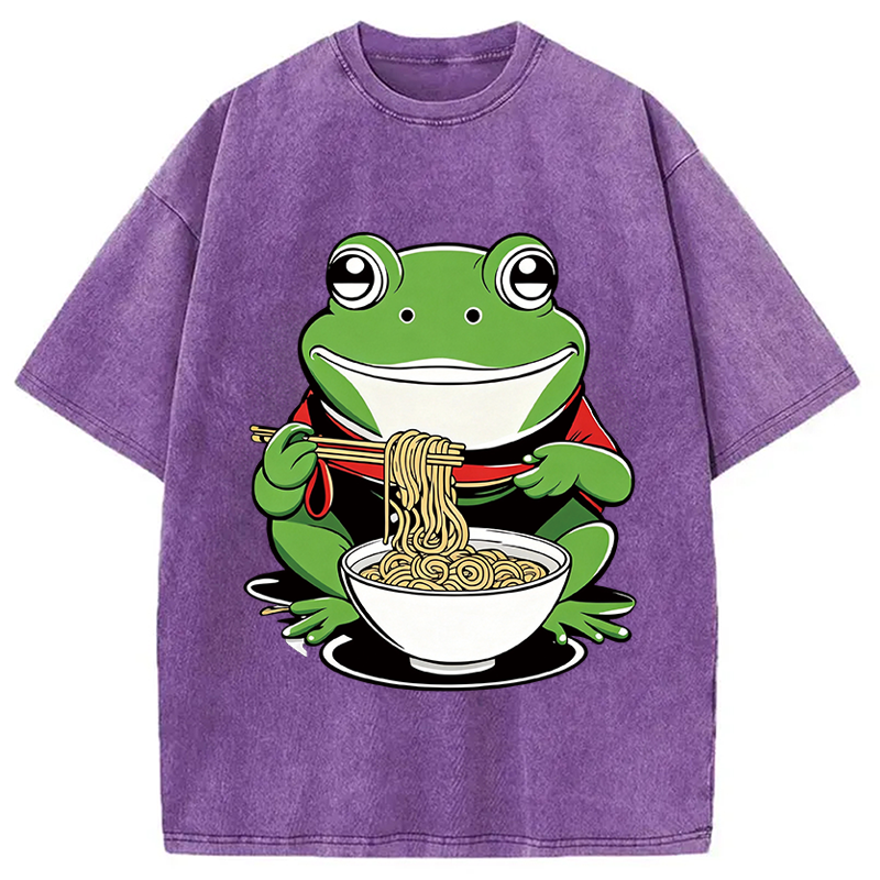 Modecanvas Cute Frog Eating Ramen DTG Printing Washed T-Shirt