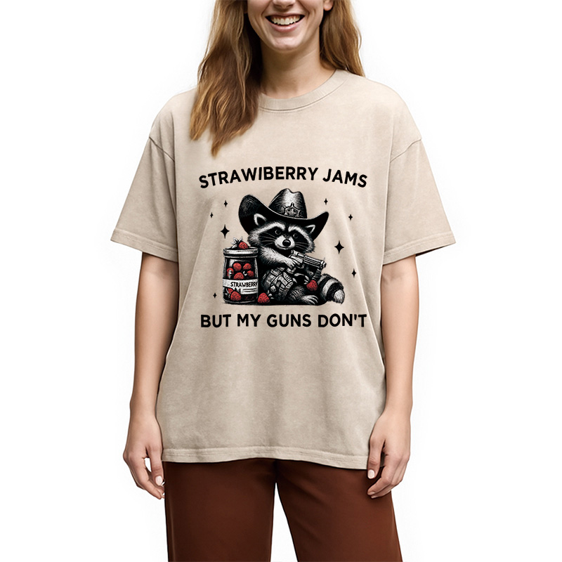 Modecanvas Strawberry Jams Funny Raccoon Cowboy Washed T-Shirt