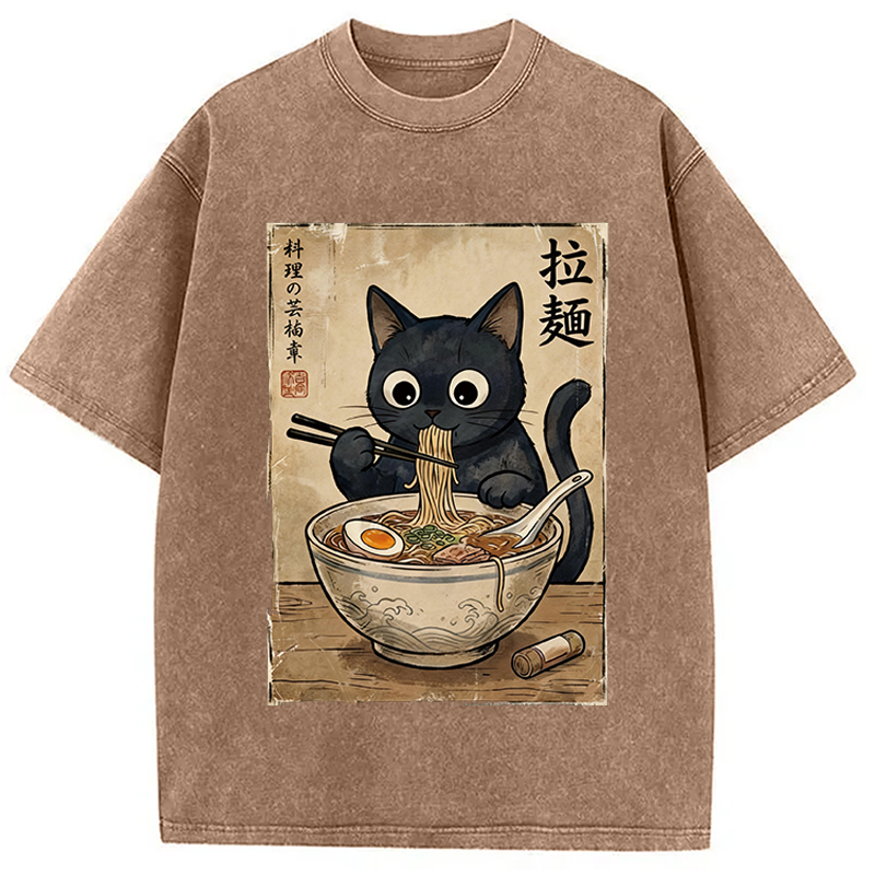 Modecanvas Kawaii Ramen Cat Retro DTG Printing Washed T-Shirt