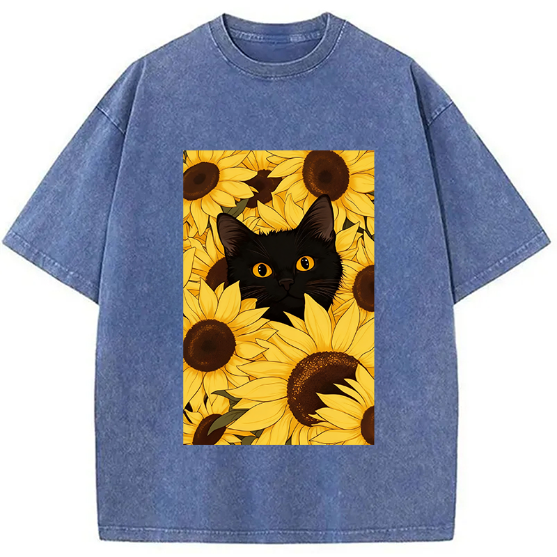 Modecanvas Cat In The Sunflowers Washed T-Shirt