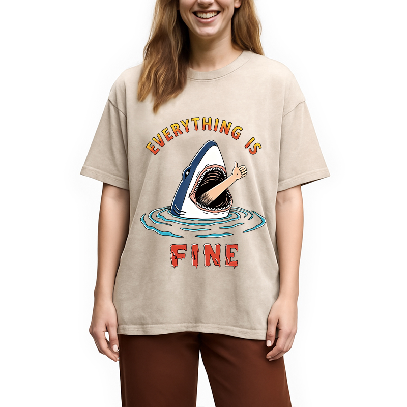 Modecanvas Everything Is Fine Shark DTG Printing Washed T-Shirt