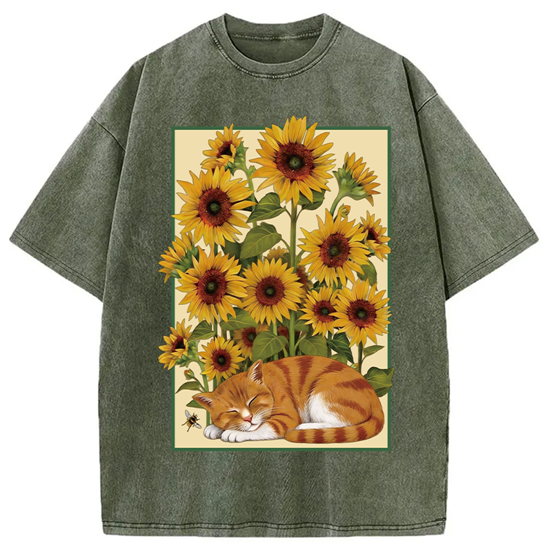 Modecanvas Sunflower Orange Cat Washed T-Shirt-modecanvas