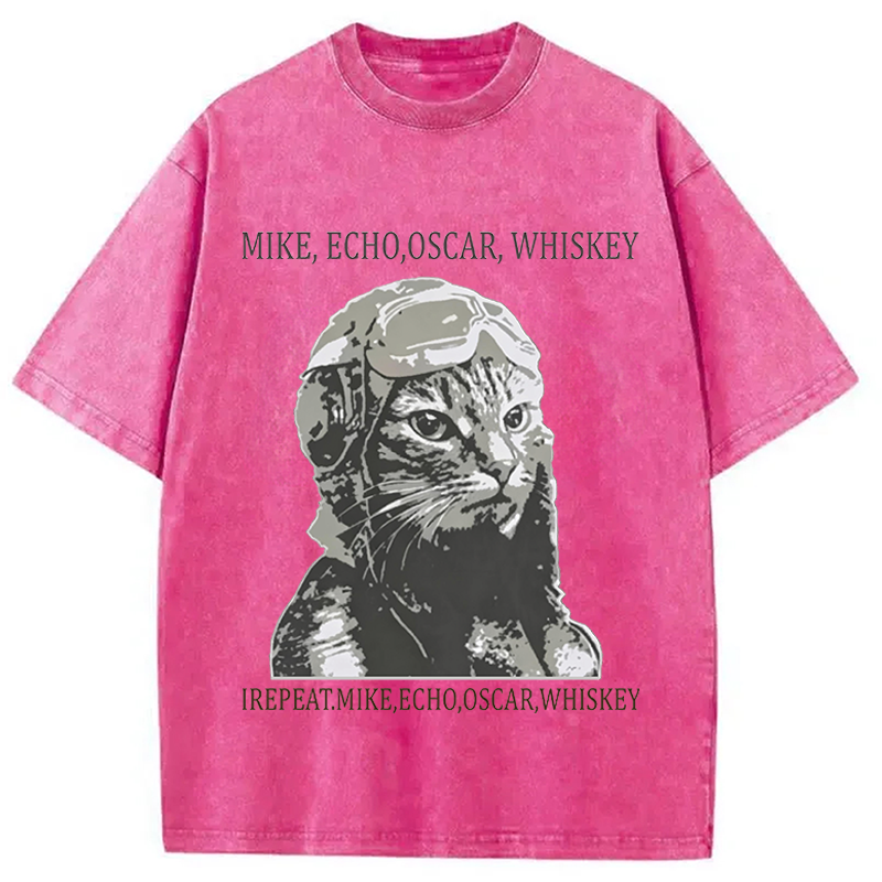 Modecanvas Funny Pilot Cat Meme DTG Printing Washed T-Shirt