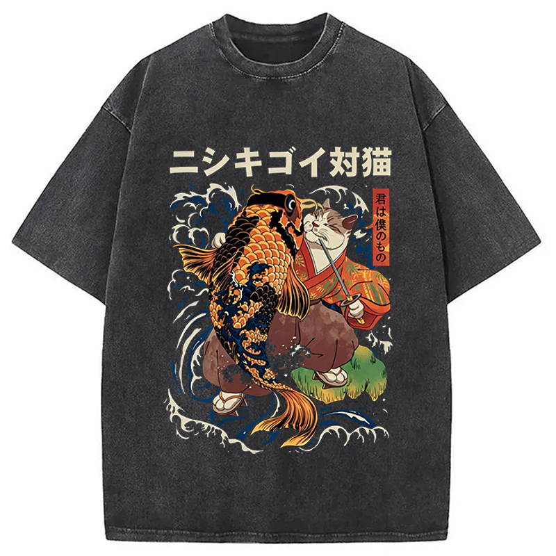 Modecanvas The Cat And The Koi DTG Printing Washed T-Shirt