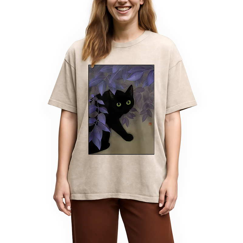 Modecanvas Cat Under The Flowers Washed T-Shirt