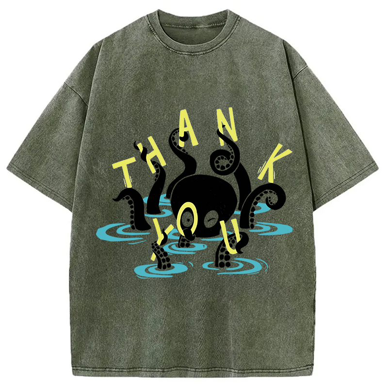 Modecanvas Octopus In Water Thank You DTG Printing Washed T-Shirt