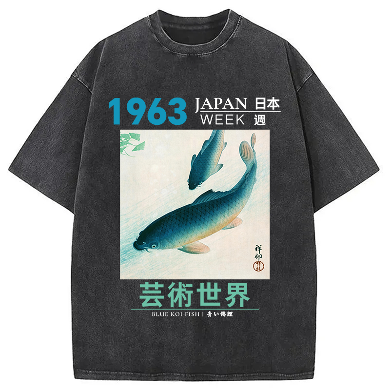 Modecanvas Blue Koi Fish DTG Printing Washed T-Shirt