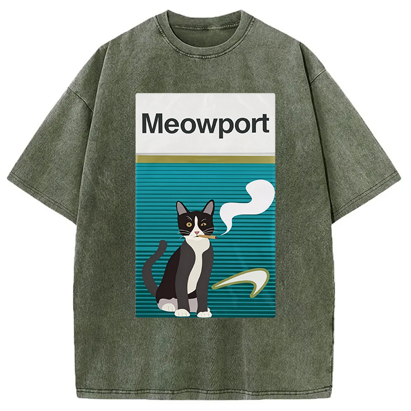 Modecanvas Meowport Funny Cat DTG Printing Washed T-Shirt