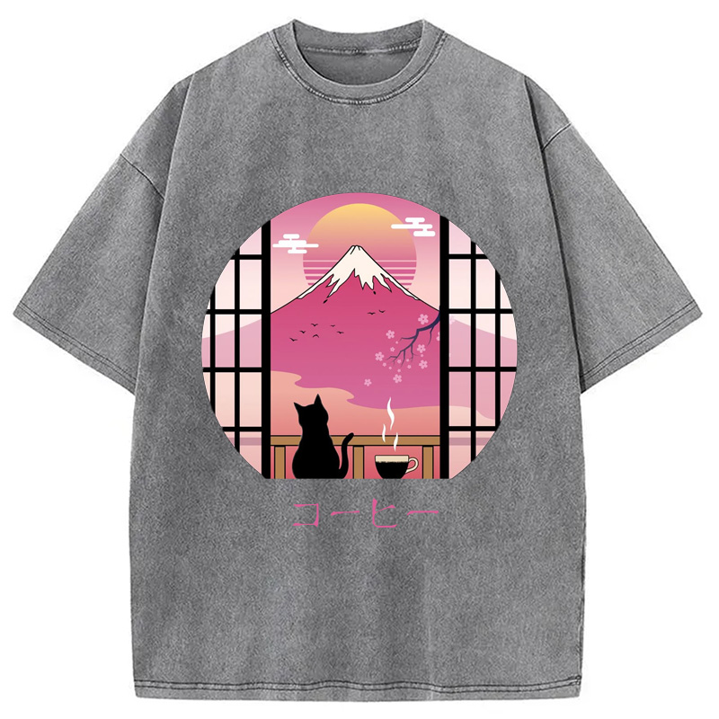 Modecanvas Mount Fuji Black Cat Tea Washed T-Shirt
