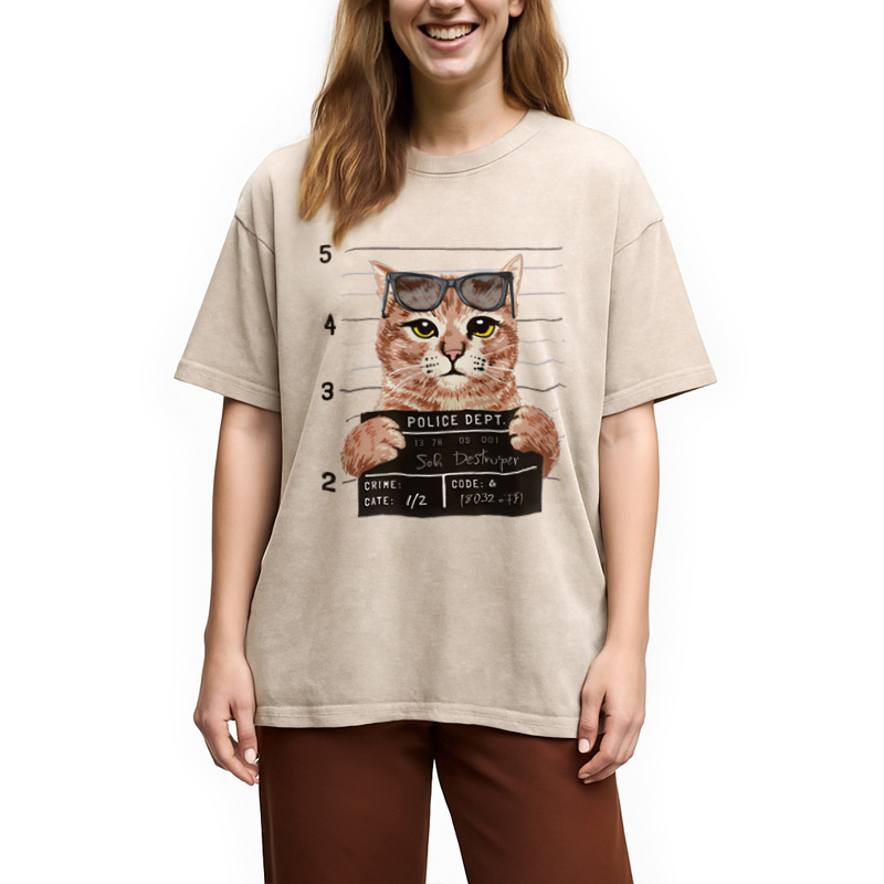 Modecanvas Cat Holding Mugshot Arrested Washed T-Shirt