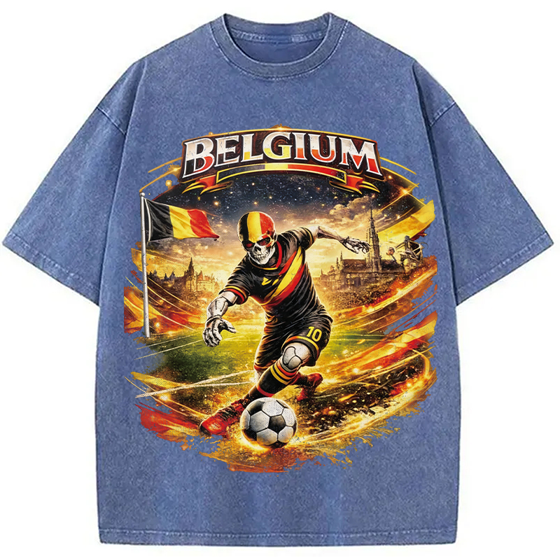 Modecanvas Belgium Soccer Skull DTG Printing Washed T-Shirt