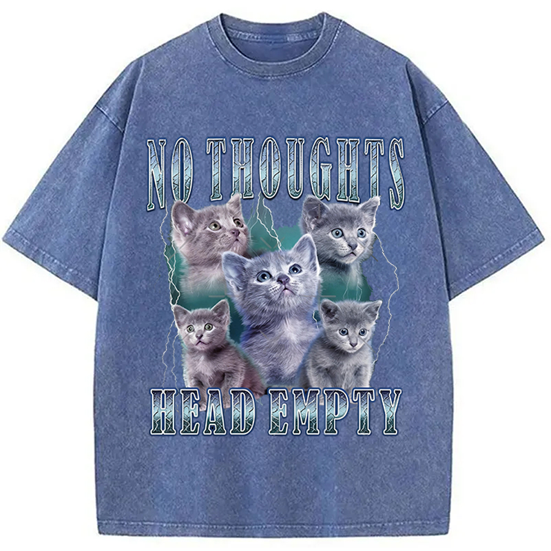Modecanvas No Toughts Head Empty Funny Cat Meme DTG Printing Washed T-Shirt